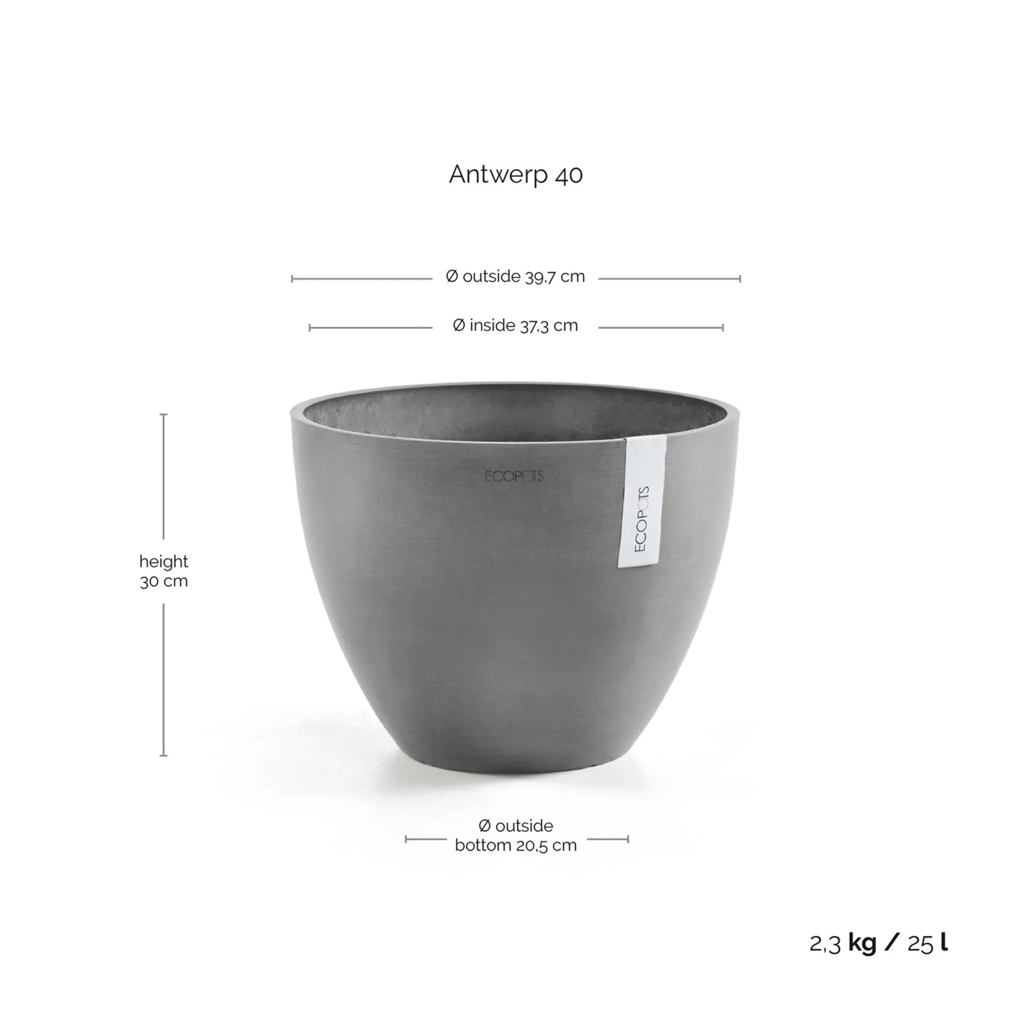 Ecopots Pflanztopf Antwerp Grau, 40 cm. Zeitloser Blumentopf für Innen- und Außenbereich.