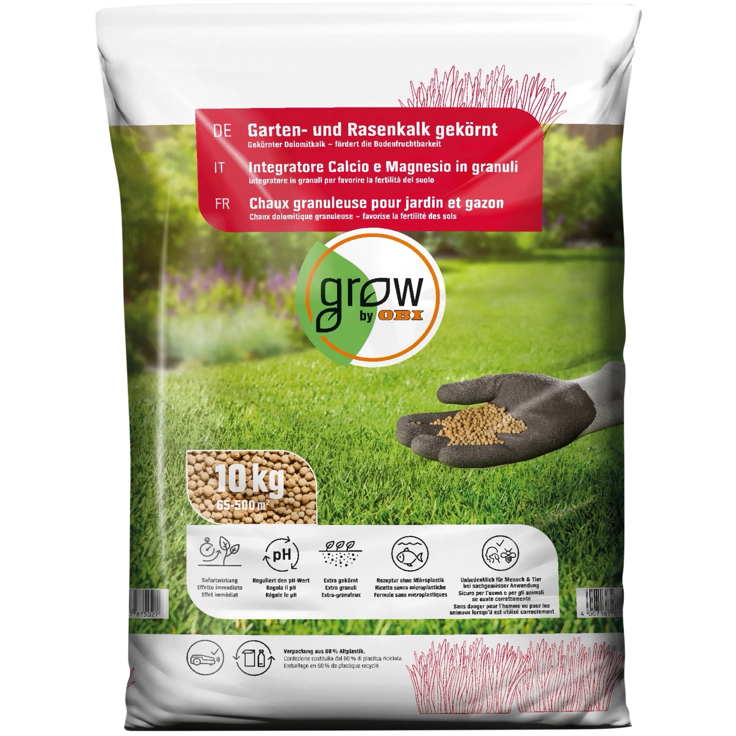Sack OBI Garten- und Rasenkalk Dolomitkalk, 10 kg, gekörnt für Bodenverbesserung und gesundes Rasenwachstum.