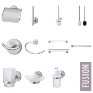 Fackelmann Fusion Bad-Serie: WC-Bürste, Seifenspender, Handtuchhalter und mehr in Edelstahloptik.