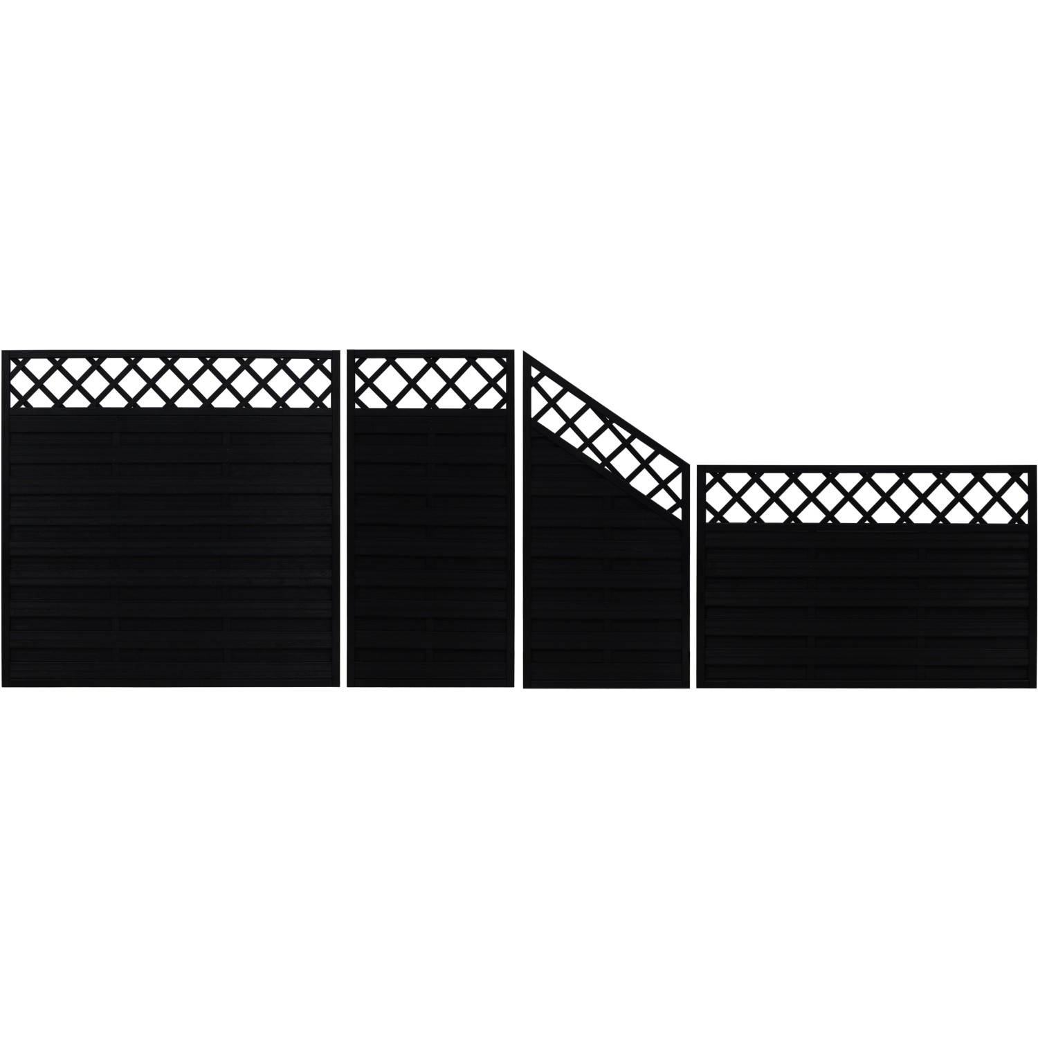 Anthrazitfarbene Sichtschutzzaun-Elemente der Serie Country mit Lattenzaun-Abschluss.