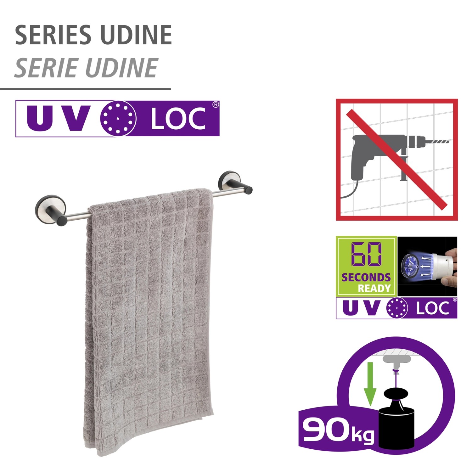 Wenko Badetuchstange Uno Udine, 40cm, silber matt mit Handtuch. UV-Loc Befestigungssystem.