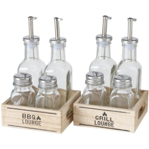 Boltze Gewürzgläser-Set Conny, 2-fach sortiert, mit Salzstreuer, Pfefferstreuer und Ölflaschen in Holztablett.