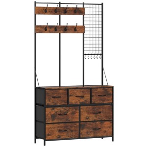 HOMCOM Garderobe rustikal-braun mit schwarzem Stahlrahmen, Haken, Regal und 7 Stoffschubladen für Flur.