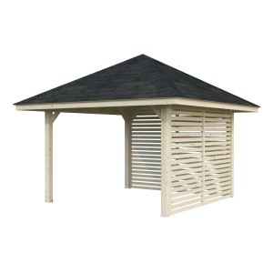 Naturbelassener Palmako Pavillon Bianca Set 102 aus Fichtenholz mit Walmdach und Sichtschutzwänden.