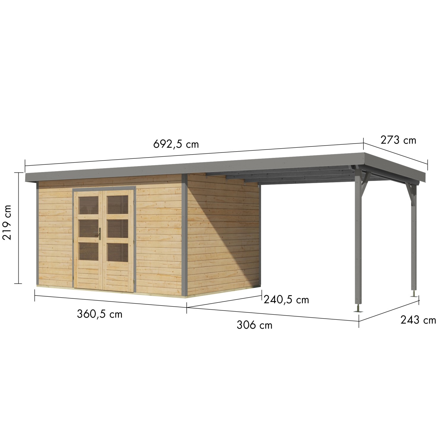 Karibu Gartenhaus Domingo 7 A mit Anbaudach, naturbelassen/grau, 219x360x240 cm, Holz-Gartenhaus mit Maßen.