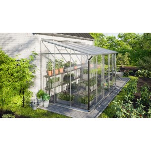 Vitavia Anlehn-Gewächshaus Ida 6500 mit Aluminiumrahmen, Glas und Pflanzenregalen an Hauswand.