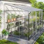 Vitavia Anlehn-Gewächshaus Ida 6500 mit Aluminiumrahmen, Glas und Pflanzenregalen an Hauswand.