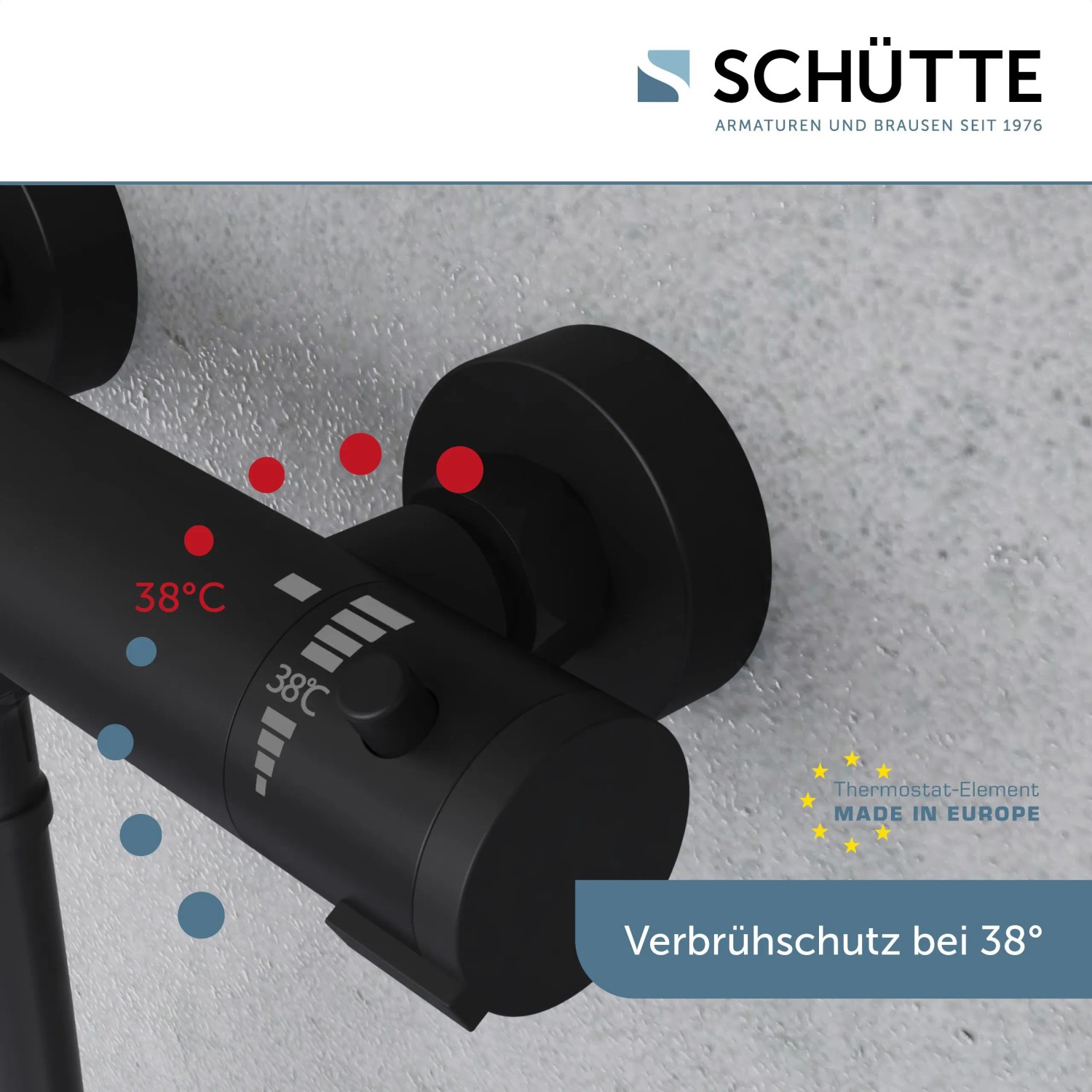 Schütte Thermostat Duscharmatur London, schwarz matt, mit Verbrühschutz bei 38°C.