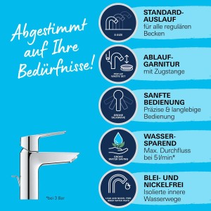 Grohe QuickFix Waschtischarmatur Start S-Size mit Zugstange, Chrom. Waschbeckenarmatur für Bad & Gäste-WC.