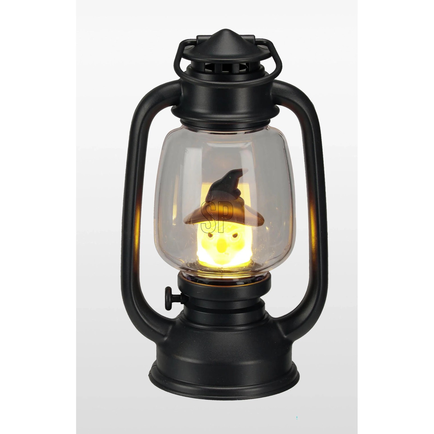 Schwarze Halloween-Laterne mit leuchtender Hexe, LED-Licht und Sound. Perfekt für gruselige Dekoration.