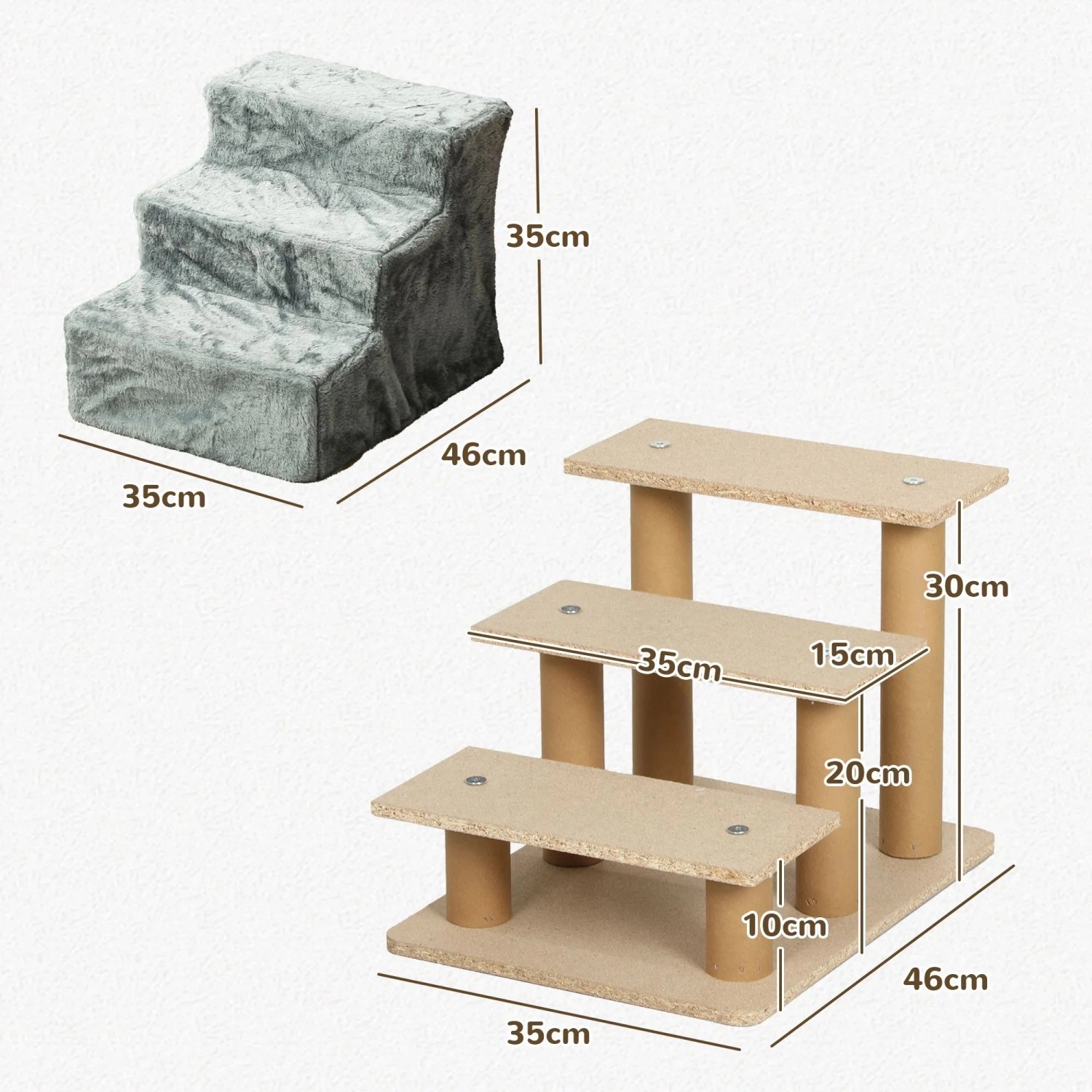 PawHut Haustiertreppe aus Holz mit 3 grauen Plüschstufen, 46x35x35 cm, für Hunde & Katzen.