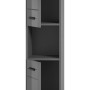 Grauer Bad Hochschrank (30x180x30cm) mit offenen und geschlossenen Fächern für mehr Stauraum.