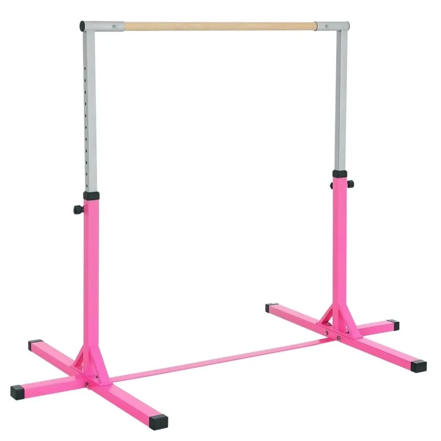 Rosa Gymnastik-Turnreck aus Stahl mit Buchenholzstange, höhenverstellbar. Stabile Basis für Kinder Sport.
