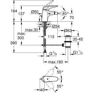 Technische Zeichnung: Grohe Eurostyle Bidet Armatur mit Maßen und Details zur Installation.