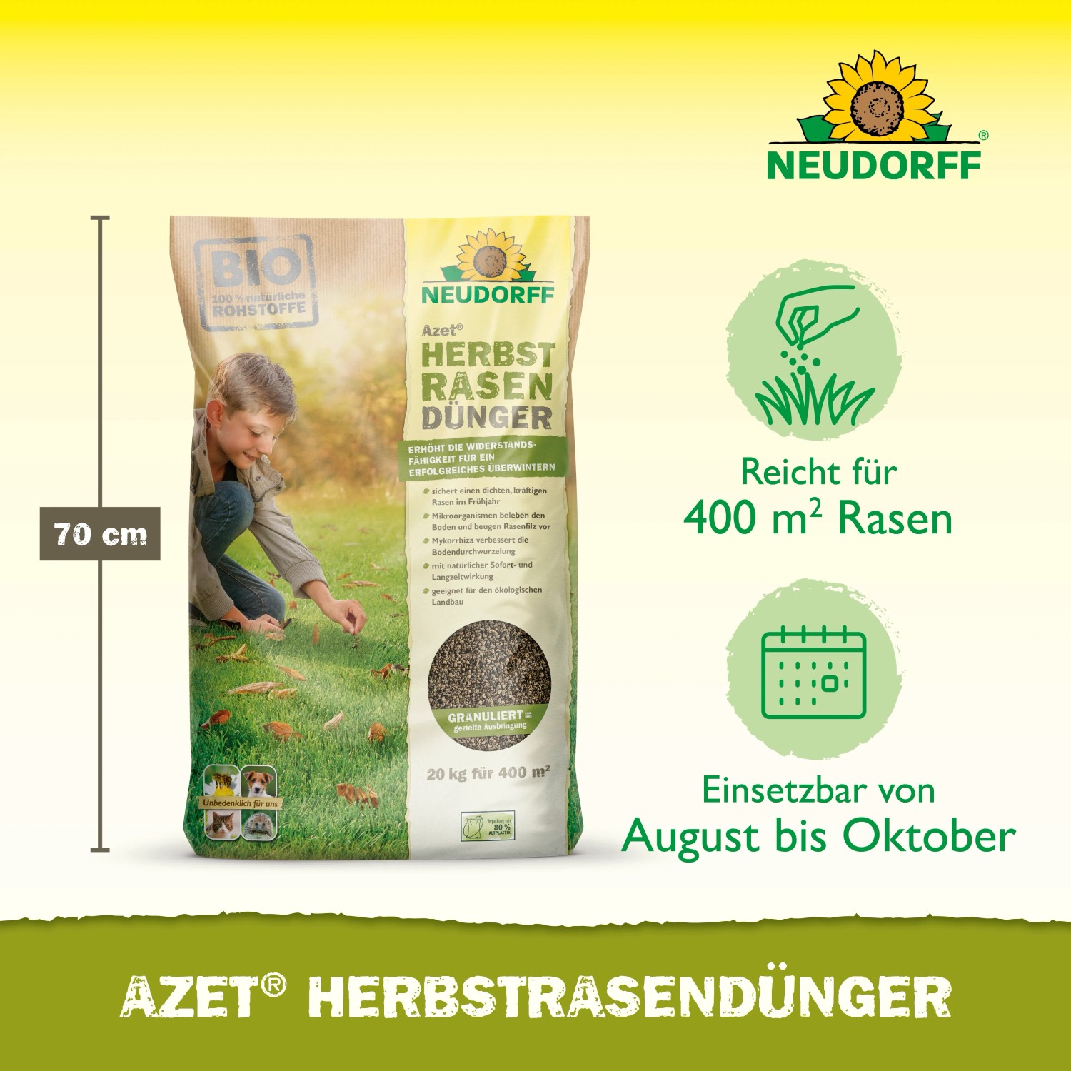Neudorff Azet Herbst Rasendünger, 20 kg Sack. Organischer Dünger für einen winterfesten Rasen.