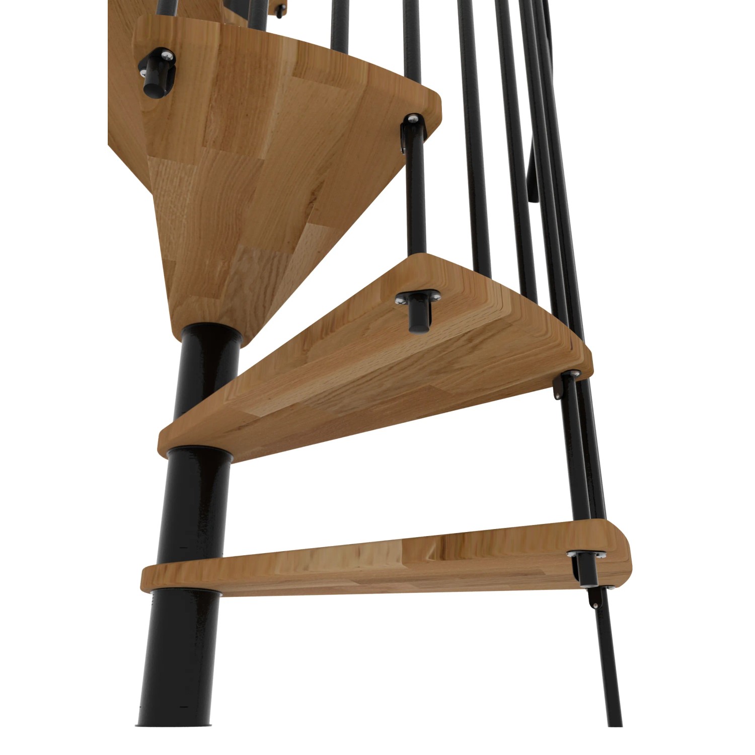 Minka Spindeltreppe Spiral Smart, Eiche/Schwarz, Detailansicht der Holzstufen und des schwarzen Metallgeländers.