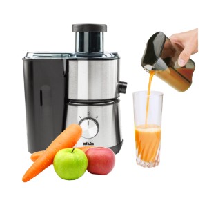 Silva-Homeline Entsafter AE 2340: Edelstahl-schwarzer Entsafter mit Saft, Äpfeln und Karotten.