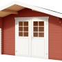 Lasita Holz-Gartenhaus Viljandi 34 in Schwedenrot mit Anbaudach und weißen Doppeltüren.