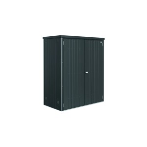 Dunkelgrauer Biohort Metall-Geräteschrank Gr. 150 mit Doppeltür für Gartenutensilien und Werkzeug.