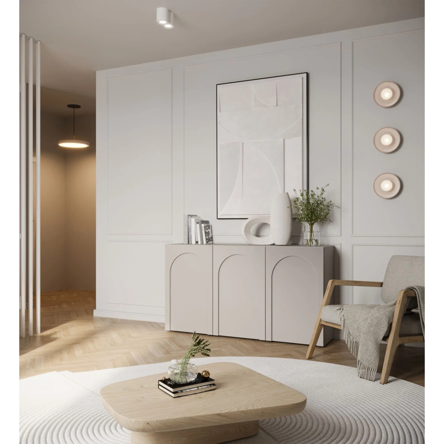 Graubeiges Sideboard Arkadia mit drei Türen und bogengefrästen Fronten. Moderne Kommode für stilvollen Stauraum.