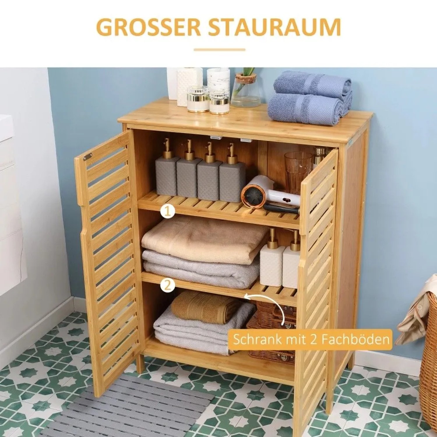Kleankin Bambus Badezimmerschrank, 68x32x86 cm, mit Lamellentüren und 2 Innenregalen für Badutensilien.