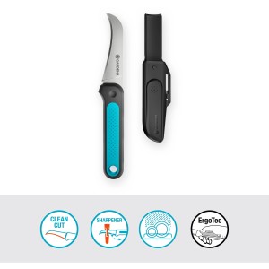 Gardena Erntemesser VeggieCut mit Holster und Schleifstein. Gartenschere mit gebogener Klinge.