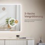 Rechteckiger Emke LED Badspiegel 80x60 cm mit 3x Vergrößerung, Kaltweiß-Beleuchtung und Touch-Funktion.