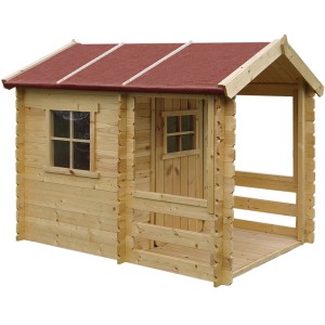 Timbela Kinderspielhaus M501A aus Holz mit rotem Dach, Fenster mit Plexiglas und Veranda.