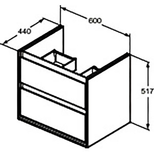 Ideal Standard Connect Air Waschbeckenunterschrank, Pinie, 60 cm, mit Maßangaben.