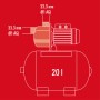 Skizze des Einhell Hauswasserwerk-Set GC-WW 6538 mit 20l Tank und Maßangaben.