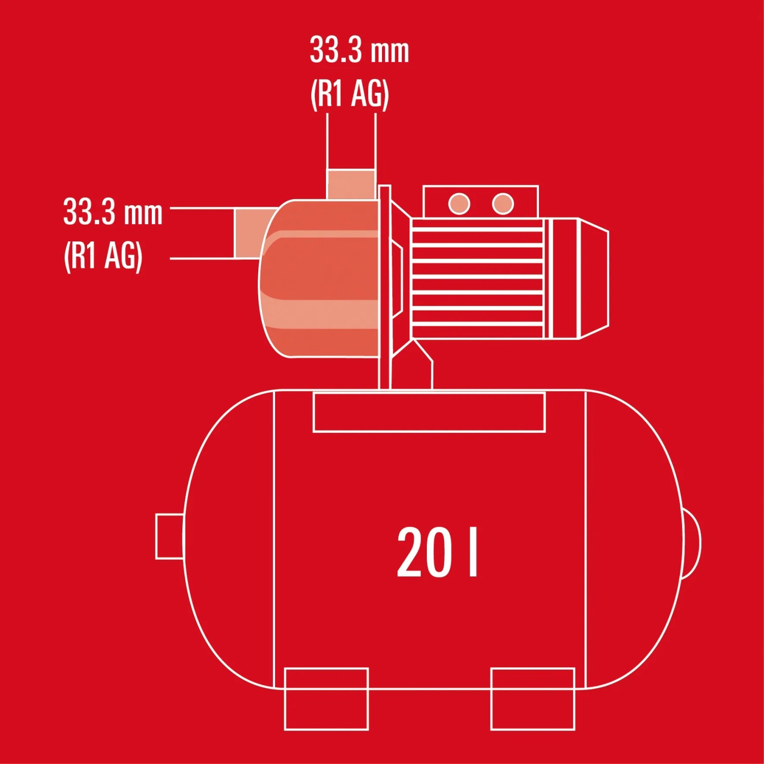 Skizze des Einhell Hauswasserwerk-Set GC-WW 6538 mit 20l Tank und Maßangaben.