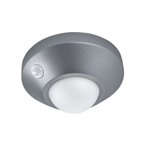 Silberne LED Wandlampe Nightlux Ceiling mit Bewegungsmelder, 8,6 cm Durchmesser.