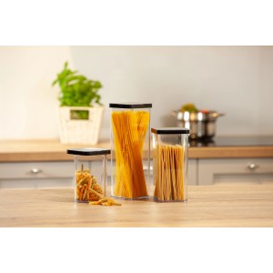 Quadratische Rotho Vorratsdosen Loft Premium (2 l) in transparent-schwarz mit Pasta.