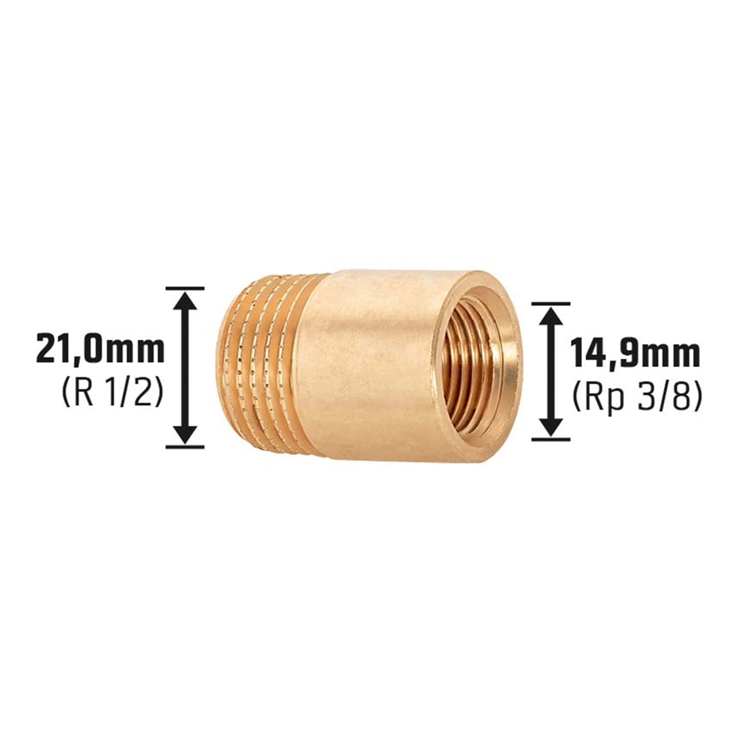 Gewinde-Reduzierstück aus Rotguss, 21 mm (R 1/2) x 14,9 mm (Rp 3/8) für Gewindefittings.