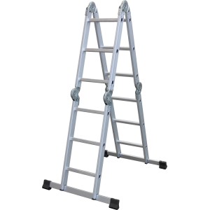 Vierteilige Mehrzweckleiter aus Aluminium mit 12 Sprossen und Arbeitsplattform.