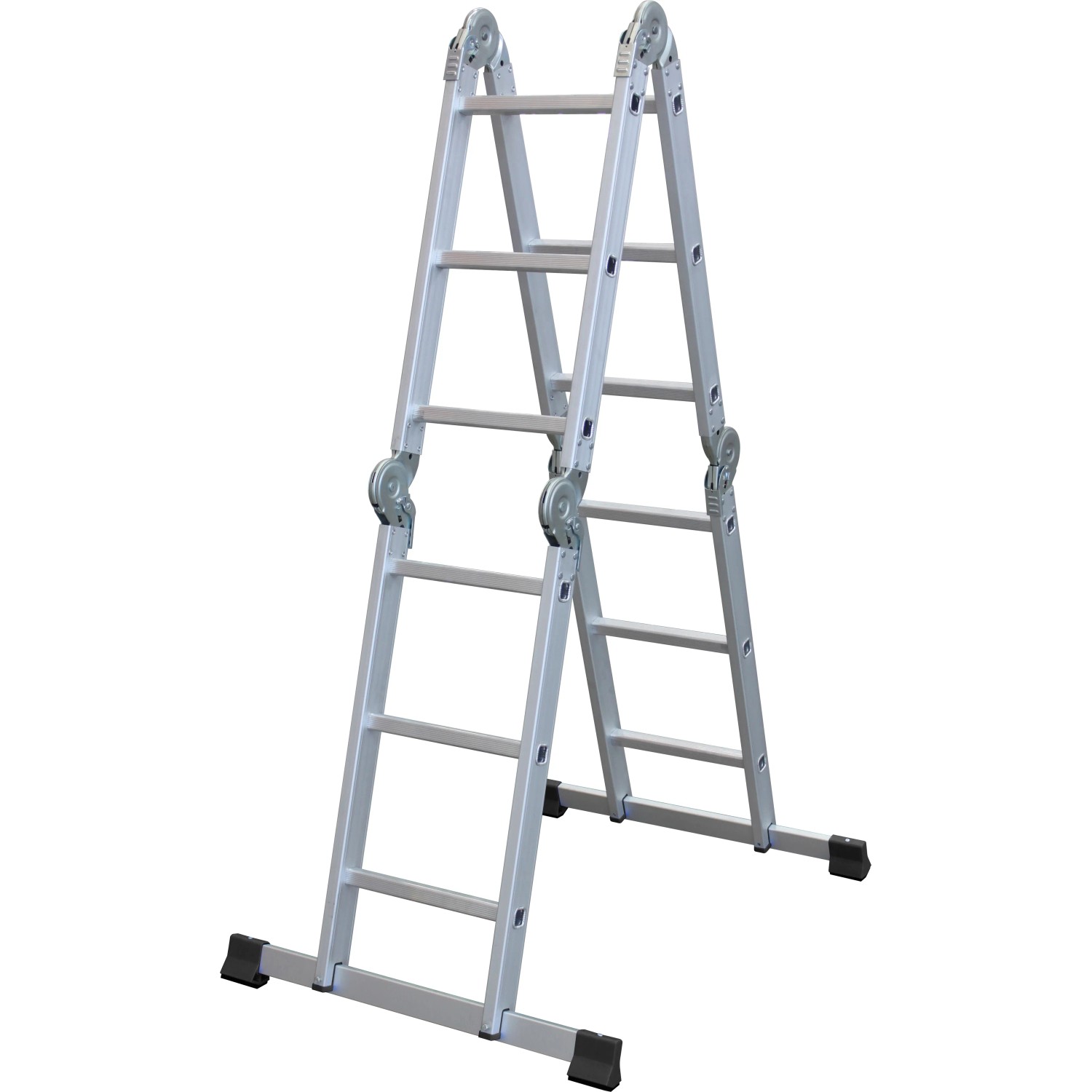 Vierteilige Mehrzweckleiter aus Aluminium mit 12 Sprossen und Arbeitsplattform.