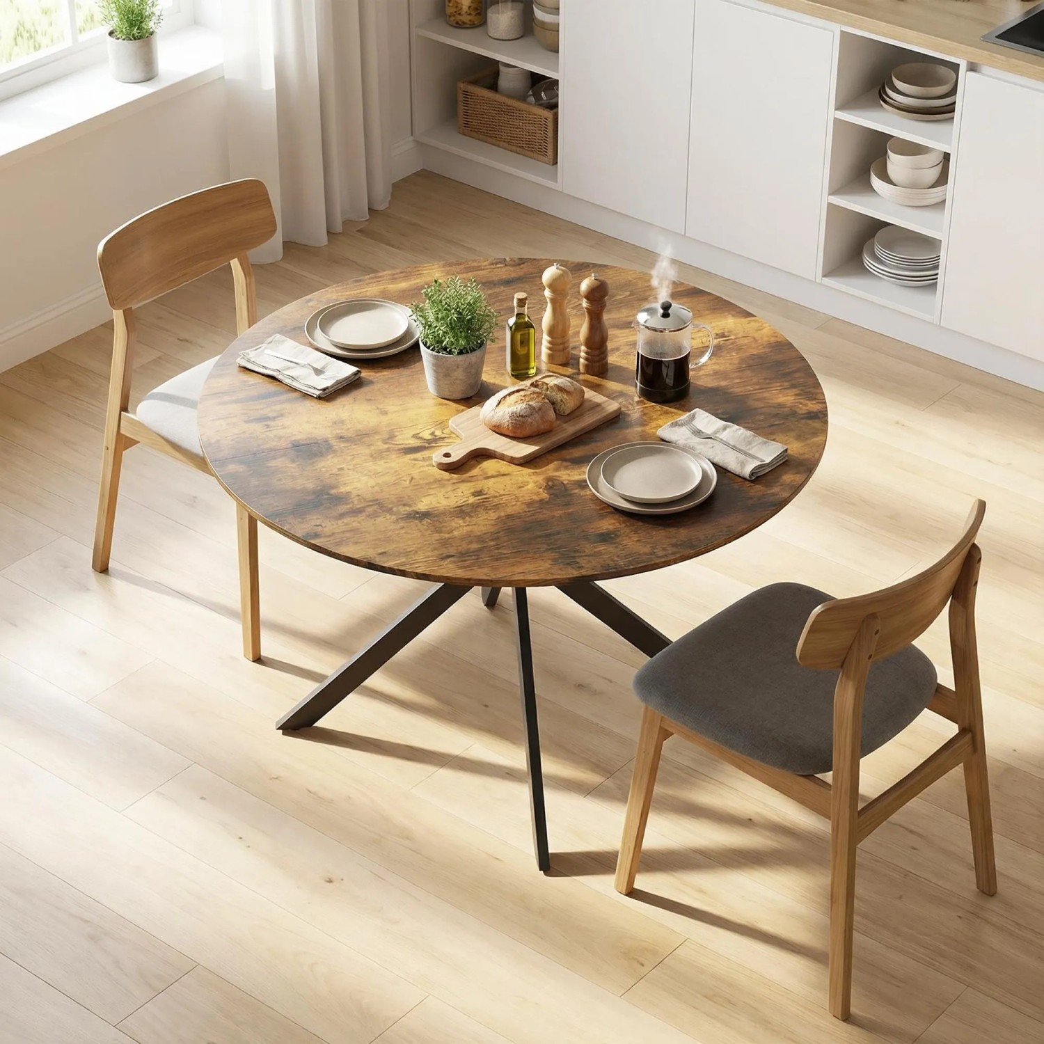 Runder HOMCOM Esstisch in Rustikal-Braun mit Holzoptik-Platte und schwarzen Stahl-X-Beinen in moderner Küche.