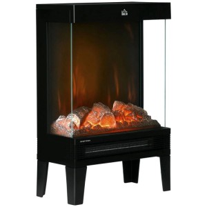Schwarzer Elektrokamin aus Stahl mit Hartglas, realistischer Flamme und Holzscheiten. Heizung für gemütliche Atmosphäre.