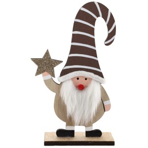 Holz Wichtel Weihnachtsdeko mit Stern, braun-weiß gestreifter Hut, festliche Dekoration.