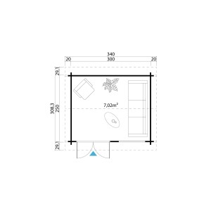 Grundriss Gartenhaus Alex lichtgrau 300x250cm, Holz-Gartenhaus mit Dachüberstand.