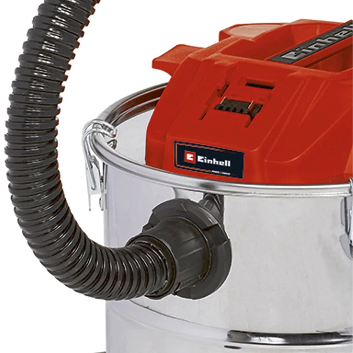 Einhell Akku-Aschesauger TE-AV 18/15 Li C-Solo: Detailaufnahme von Schlauch und Behälter.