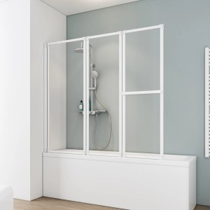 Schulte Badewannenfaltwand, 3-teilig, weiß, 151,8x140cm, als Duschabtrennung auf Badewanne montiert.