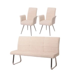MCW Essgruppe: 2 Stühle mit Armlehne, Sitzbank 180cm, Chenille Creme, 3-teilig