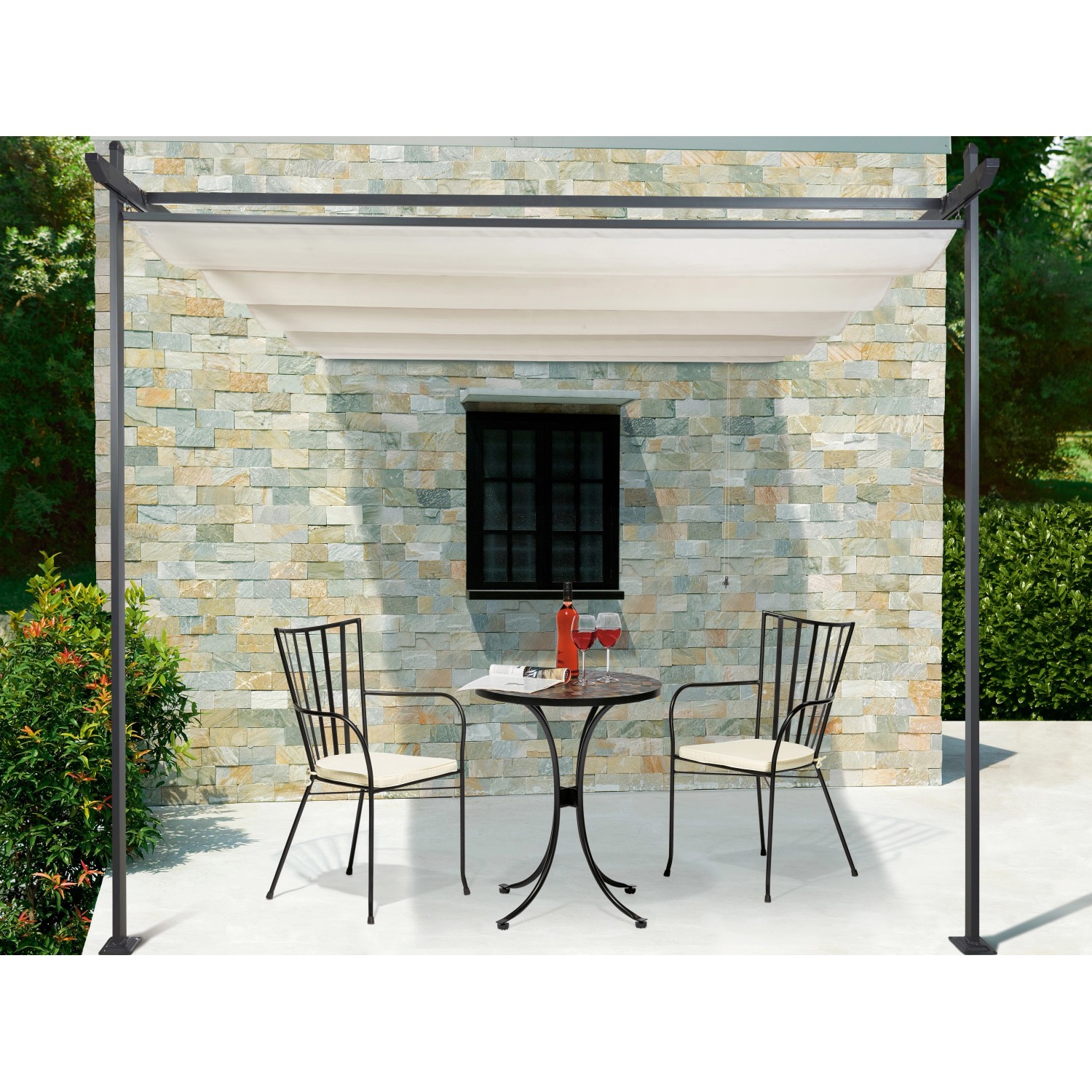 Beige Faltdachmarkise Armila 3x3m über Sitzgruppe auf Terrasse. Sonnenschutz Zubehör.