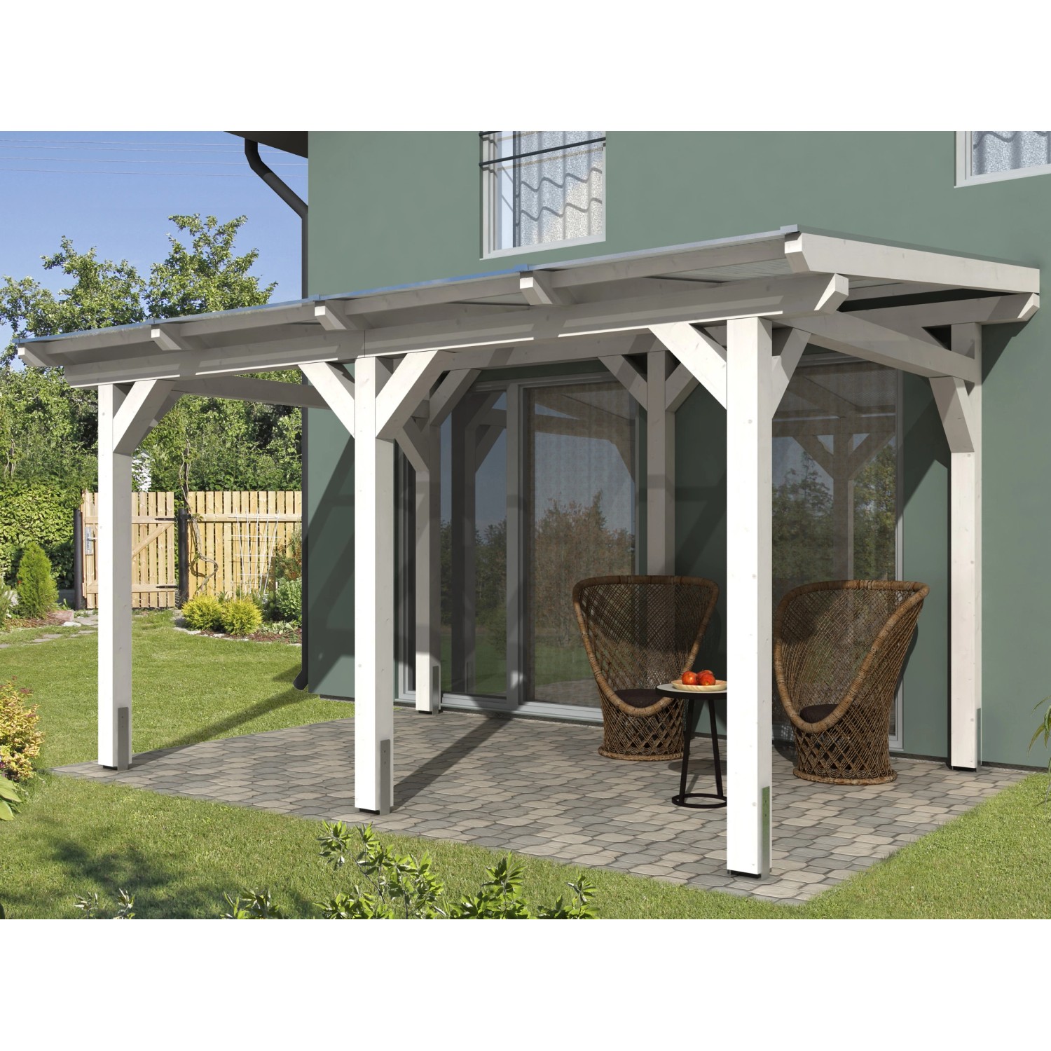 Freistehende, weiße Skan Holz Terrassenüberdachung Siena aus Leimholz, 434 x 350 cm.