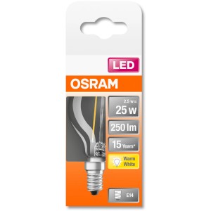 Osram E14 LED Leuchtmittel in Tropfenform, 2,5 W, warmweißes Licht.