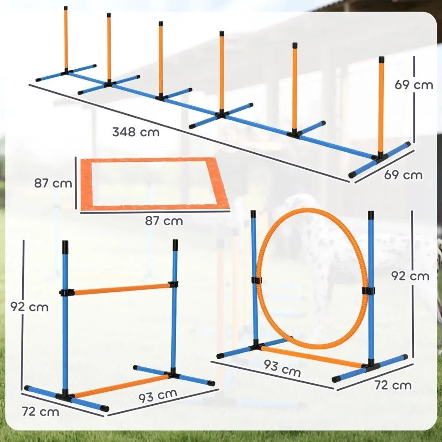 PawHut Hund Agility Set: blau-orange Slalomstangen, Sprunghürde, Sprungreifen und Pausenbox für Training.