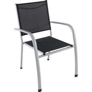 Schwarzer Stapelstuhl Suriname aus Textilen mit silbernem Stahlgestell für Garten oder Balkon.