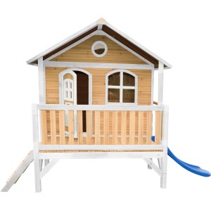 Axi Stef Spielhaus aus Holz in Braun-Weiß mit blauer Rutsche, Leiter und Veranda.