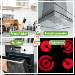 Collage: Poliboy BIO Küchen Reiniger im Einsatz auf Arbeitsflächen, Dunstabzugshaube, Backofen und Kochplatten.